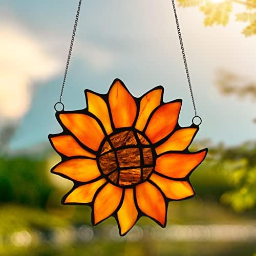 Kleeglee Sunflower Stained Glass Window Hangings, Handmade Suncatcher Sunflower Stained Glass Window Panels for Window Decor Sunflower Gifts for Women Aunt(Orange)