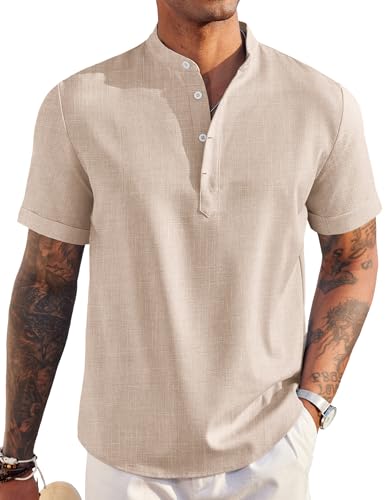 COOFANDY Men's Casual Henley Shirt Short Sleeve Linen Shirt Band Collar Summer Beach Hippie T-Shirts Khaki