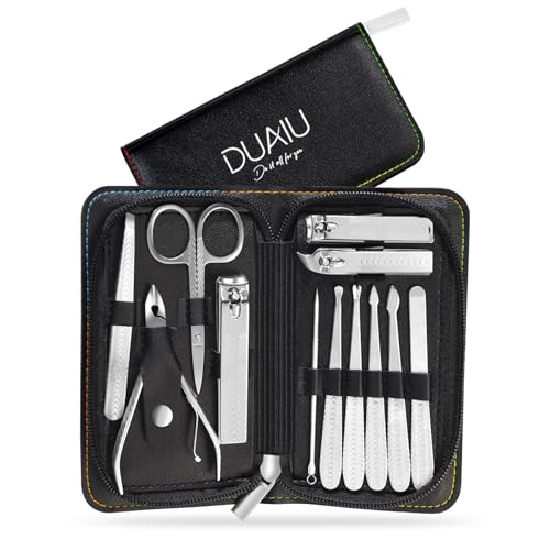 DUAIU Set Manicura y Pedicura,12 Piezas Kit UñAs Profesional Set Manicura,Kit Manicura de Acero Inoxidable para Hombre Muje Kit de Cuidado de UñAs con Estuche de Viaje