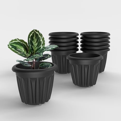 Image of YUCCABE ITALIA SHERA Floot Plastic Flower Pot Round Planter Suitable for Indoor Outdoor Kitchen Garden (Grey, 8 INCH - 12 Pcs)