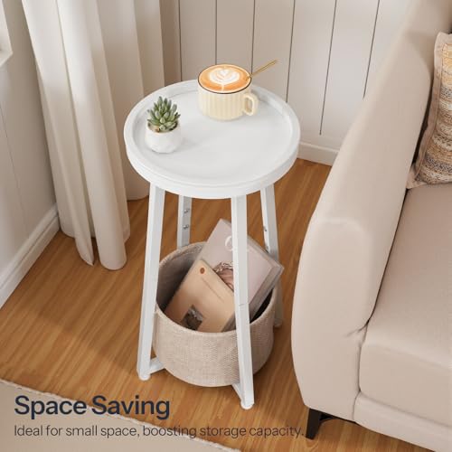 Image of HOOBRO Small Round Side Table, 2-Tier Round Sofa End Table, Compact Nightstand with Cotton Linen Storage Basket, for Small Space, Living Room, Bedroom, Dorm, White WW183BZ01