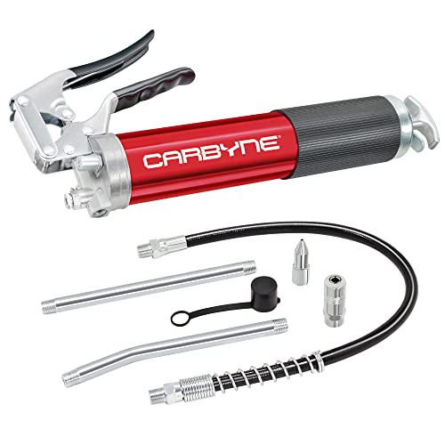 Carbyne Grease Gun - Pistol Grip, 7500 Psi, Heavy Duty Professional Quality, Anodized Aluminum Barrel. 18" Hd Flex Hose W/Spring, 6" Straight & 6" Angled Tube, Coupler & Needle Nozzle, 3-Way Loading #TOP7