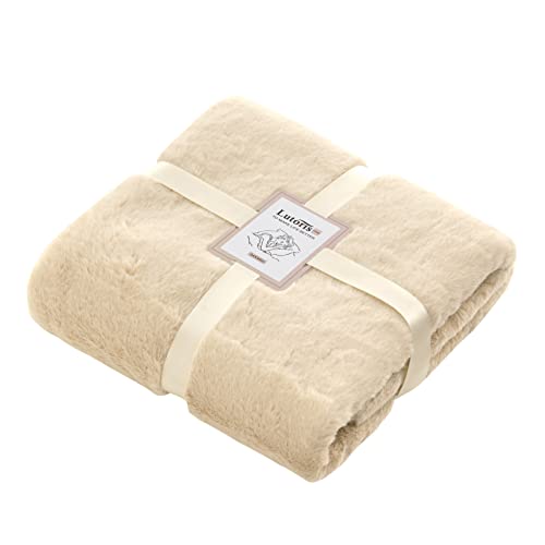 Lutoris Soft Faux Fur Throw Blanket (50"X 60") Beige Fuzzy Cozy Reversible Fleece Throw Blanket For Couch, Sofa, Bed, Durable Lightweight Machine Washable Fluffy Decoration Blanket For Any Seasons #TOP1
