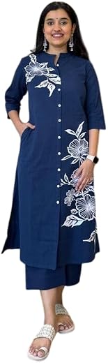 Zahwacrafts Women's Cotton Floral Printed Straight Kurti with Pant Set