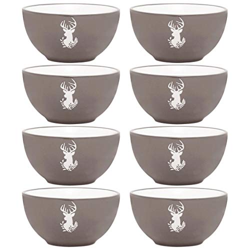 Set of 8 Bowls - Hand Painted Grey & White Reindeer Stoneware Crockery Dinner Service Dishwasher & Microwave Safe Christmas Dinner Table Breakfast Cereal Soup Pasta Dessert Serving Bowl