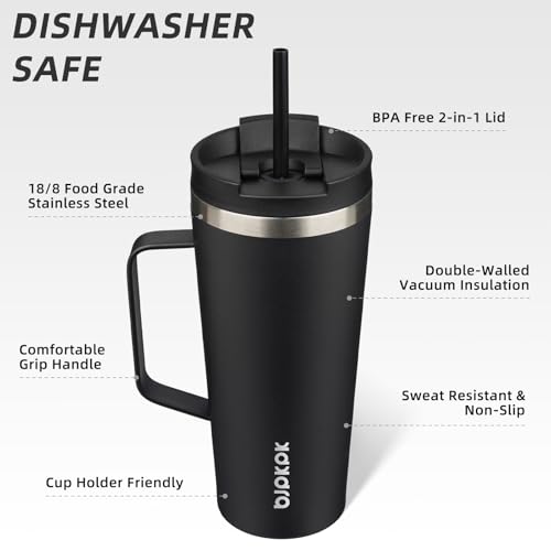 Image of BJPKPK 22oz Insulated Tumbler with Handle, Lid & Straw, Stainless Steel