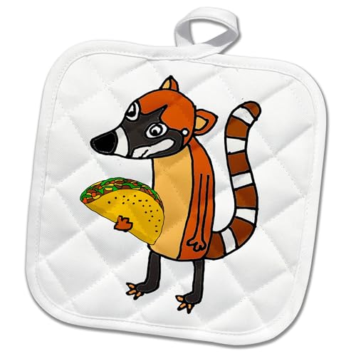3dRose Funny Cute Coati Mundi Eating Taco Cartoon 8x8 Potholder