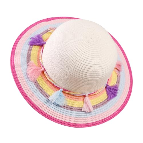 PinkSheep Girls Sun Hat,Cute Summer Straw Beach Hat for Toddler Kids with Wide Rainbow Brim & Tassels - UPF 50+