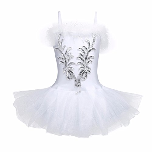 Feeshow Girls Sparkle Beaded Ballet Dress Swan Dance Outfit Costumes Tutu Skirt With Long Gloves And Hair Clip White 10-12 #TOP1