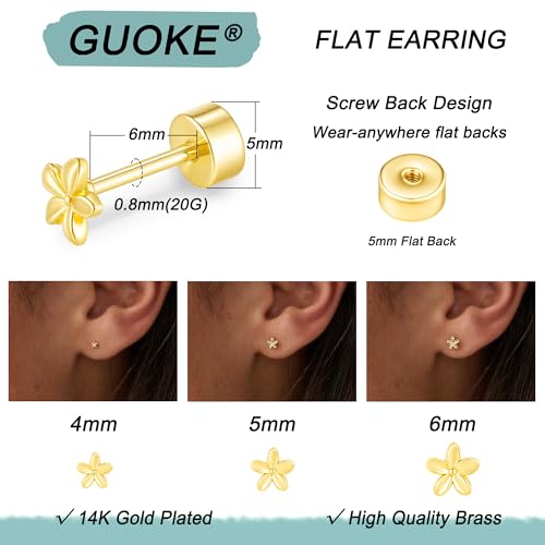Tiny Flat Back Earrings for Women - 14K Gold/White Gold Cute Small Screw Flatback Stud Earring, Everyday Wear，3 Pair3