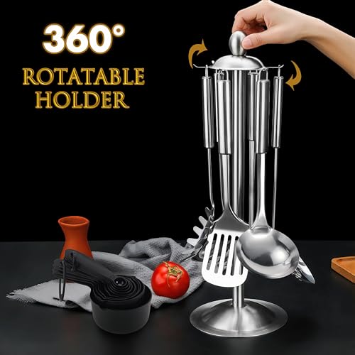 Stainless Steel Cooking Utensils Set - 17pcs Metal Kitchen Utensils Set with Rotatable Holder, Heat Resistant Cooking Kitchen Utensil Spatula Set with Ladle, Cooking Spoons, Skimmer, Pasta Server by Blithely - Image 4