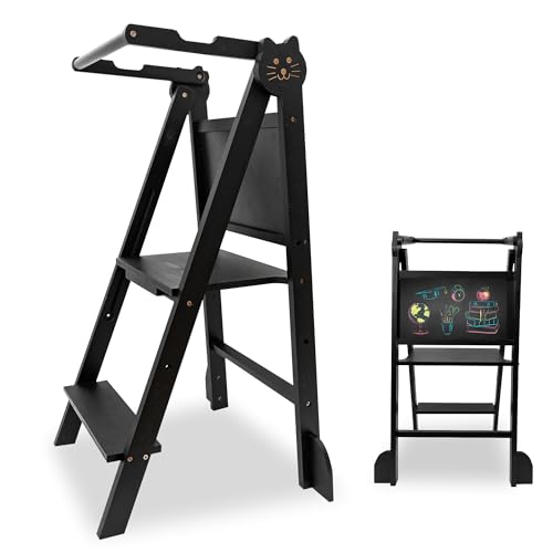 Oemmie Torre de Aprendizaje - Torre de Aprendizaje Montessori - Torre de Aprendizaje de Cocina - Torre de Cuero - Escalera para niños (Nero, Plegable)