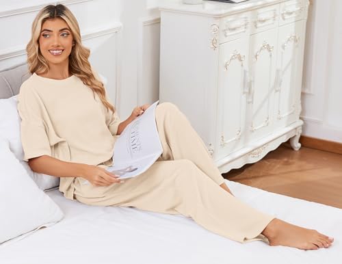 Image of JiniGolla Womens Pajama Sets Waffle Knit Short Sleeve Shirt with Long Pajama Pants Soft Sleepwear Pj Lounge Sets