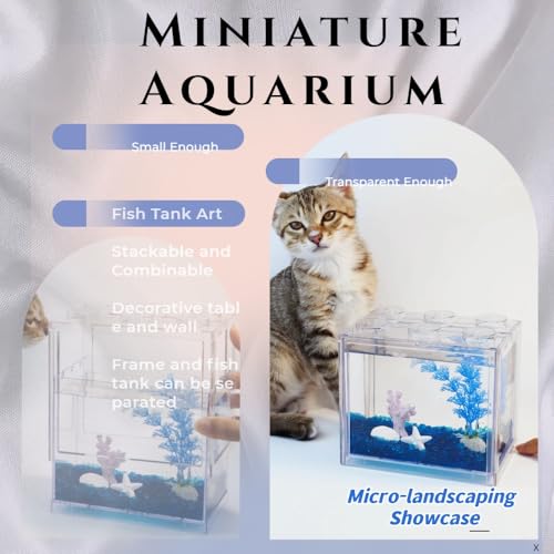 Image of Small Betta Fish Tank, Mini Fish Tank Aquarium Tank Kit with Blue Gravel & Resin Decorations, 0.6 Gallon Stackable Fish Bowl Tiny Desktop Aquarium for Sea Monkey Shrimp