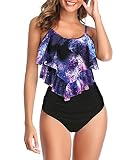 Durio Damen Bikini Set Rüschen Volant High Waist Bauchweg Bademode Zweiteiliger Badeanzug Sternenhimmel 38-40