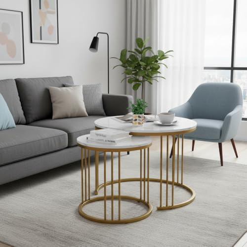 Image of Modern Nesting Table Set of 2 - Round Coffee Table with Engineered Wood Top & Metal Frame, Side Tables for Living Room, Bedroom & Lounge (Gold & White)