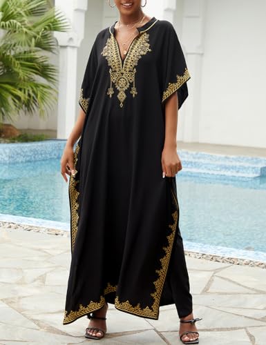 Eddoyee Kaftan Dresses for Women Embroidered Short Sleeve V-Neck Plus Size Caftan Bikini Swimsuit Cover-Up Long Beach Dress4