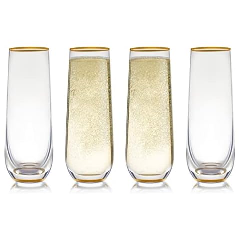 Stemless Champagne Flute Glass Set Of 4 With Gold Rim And Base - Mimosa Glass - Perfect For Bridesmaid Champagne Flute Or Dailyware - Set Of 4 Champagne Flutes Without Stems by Trinkware Cover