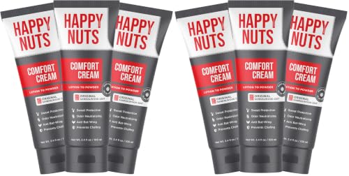 Image of HAPPY NUTS Comfort Cream Deodorant For Men: Anti-Chafing Sweat Defense, Odor Control, Aluminum-Free Mens Deodorant & Hygiene Products for Men's Private Parts 3.4 Fl Oz (6 Pack), Original