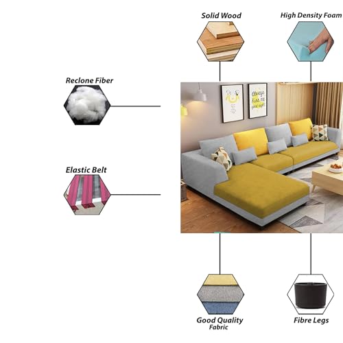 Image of Galib LHS 6 Seater L Shape Sofa Set for Living Room (Yellow Grey Fabric) Premium Fabric Sofa