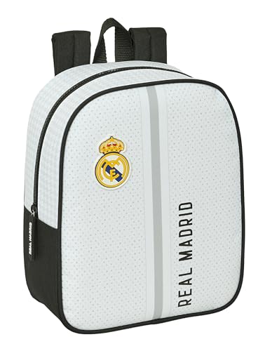 REAL MADRID 1ª EQUIPACIÓN 24/25 - Mochila Infantil, Mochila Niño, Mochila Escolar, Adaptable a Carro, Ideal para Guardería, Cómoda y Versátil, Calidad y Resistencia, 22x10x27 cm, Color Blanco/gris