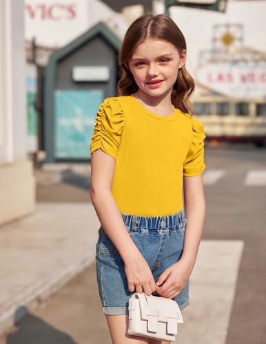 Image of Arshiner Girls Puff Short Sleeve Shirts Summer Ribbed Knit Crewneck T Shirt Tops Tee Blouse