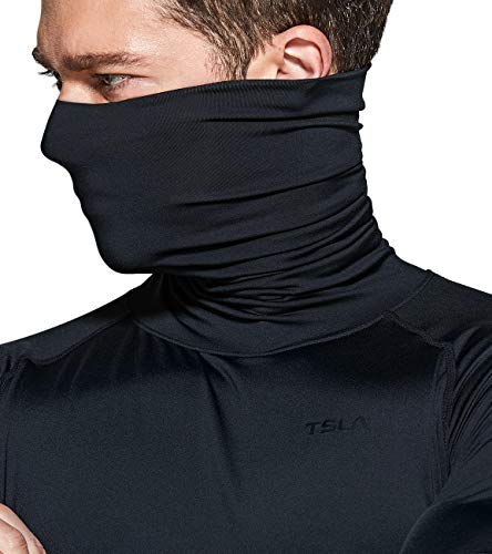Tsla Men's Upf 50+ Mock Long Sleeve Compression Shirts, Athletic Workout Shirt, Water Sports Rash Guard, Athletic Face Cover Black, Large #TOP2