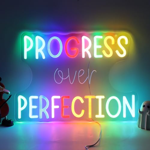 Image of Progress Over Perfection Neon Sign for Classroom, Motivational LED Speech Therapy Decor Neon Letters Light for Office, Home Gym, Gift for Students,Teachers