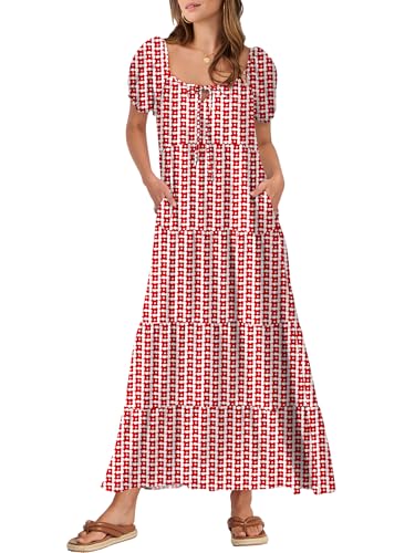 Image of ANRABESS Women's Boho Maxi Dresses 2025 Summer Casual Floral Puff Short Sleeve Tie Front Flowy Swing Tiered Long Beach Dress