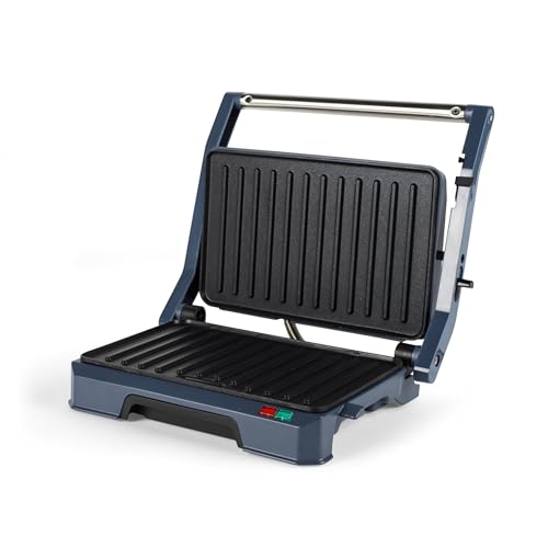 Progress Mellow Gril Santé 180° - Plaques de cuisson antiadhésives, facile à nettoyer, bac récupérateur intégré, voyants d’alimentation/prêt, s’ouvre à plat pour griller, 23 x 14.5 cm, 850 W