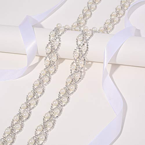 Weztez Women's Crystal Wedding Sash Shining Pearls Bridal Belt Handmade Rhinestone Sash For Bride Bridesmaid Gowns (White Ribbon) #TOP4