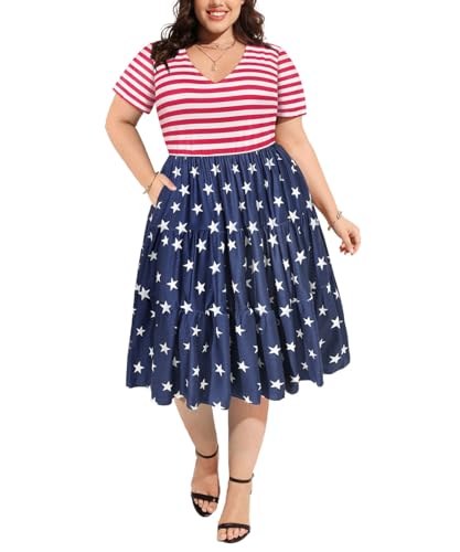 Image of CARCOS Plus Size Dresses for Women Summer Short Sleeve V Neck Patchwork Dresseses XL-5XL
