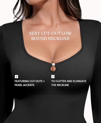 FeelinGirl Long Sleeve Shapewear Bodysuit for Women - Tummy Control Body Suits Seamless Thong Round Neck Body Shaper4