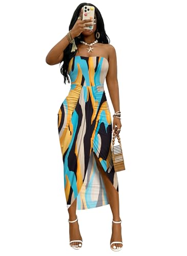 Image of Umenlele Women's Strapless Ruched High Waist Wrap Split Asymmetrical Beach Maxi Long Dress