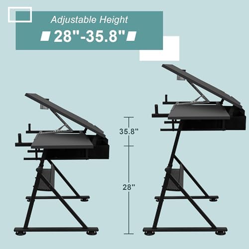 ZENY Adjustable Drafting Table with Drafting Stool Drawing Desk Artist Table Tilted Tabletop and 2 Storage Drawers, Art Craft Workstation for Home Offic Reading, Writing, Crafting, Drawing (Black)