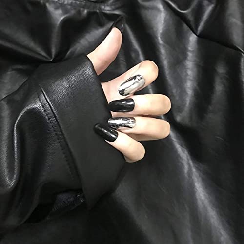 MISUD Glossy Oval False Nails Jump Color Punk Metallic Full Cover Artificial Nail Tips 24pcs Gothic Style Acrylic Fake Nails for Women and Girls