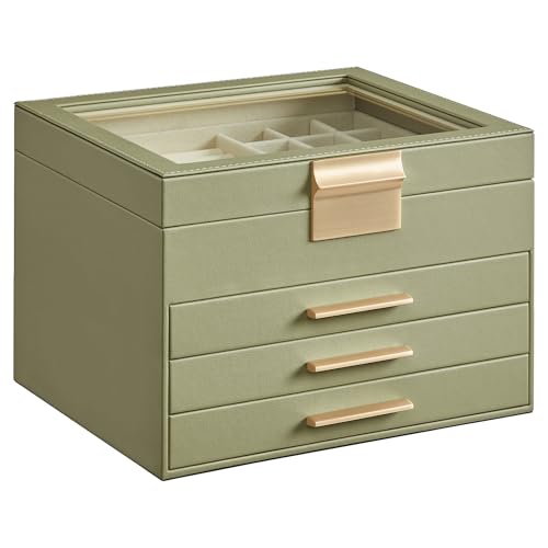 SONGMICS Jewelry Box Organizer with Glass Lid, 4-Layer Jewelry Storage, with 3 Drawers, Modern Style, Christmas Gift, 8 x 9.1 x 6.5 Inches, Avocado Green and Gold Color UJBC173C02 4 Layer (8