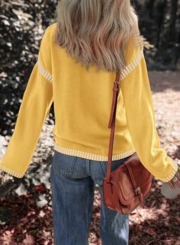Image of Dokotoo Sweaters for Women Crewneck Long Sleeve Contrast Cable Knit Tops | Early Fall Fashion, Solid Loose Fit Pullover Sweaters, Oversized Stitching Fall Clothes Outfits, Winter Clothing for Women