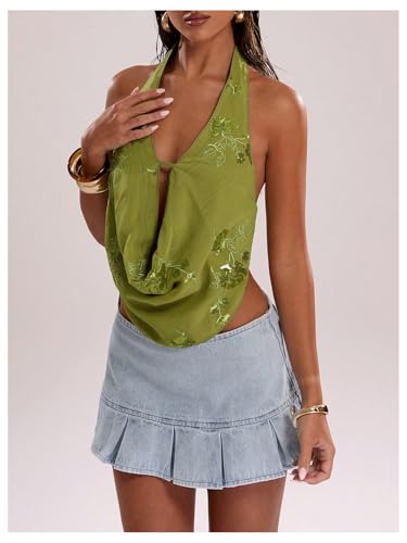 SOLY HUX Women's Floral Glitter Deep Cowl Neck Halter Crop Top Sleeveless Backless Vest Vacation Rave Outfits4