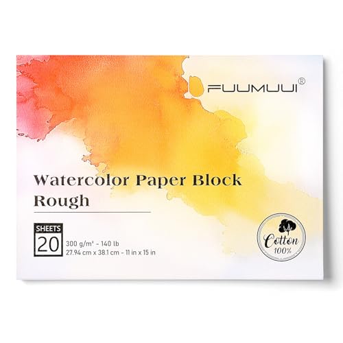 Fuumuui 11×15 Watercolor Paper Block, Textured Rough 100% Cotton Watercolor Paper, 140lb/300gsm, 20 Sheets, Acid-Free, Art Paper for Painting & Drawi