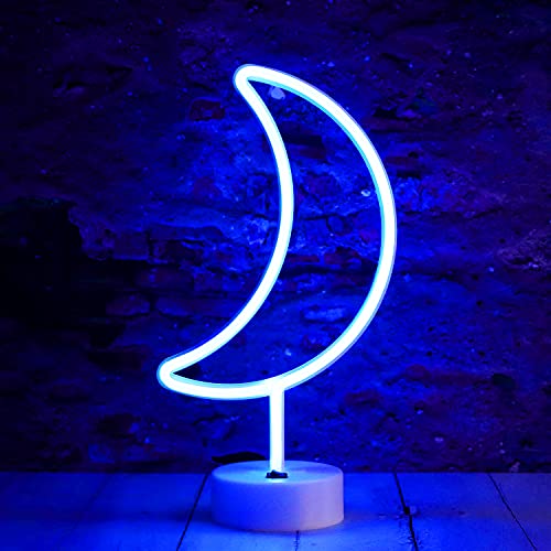 Moon Shaped Neon Signs Art Decorations Crescent Night Lights Lamp for Party Supplies, Children Kids Girls Gift - Moon with Holder Base (Blue)