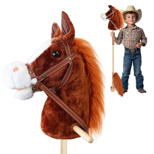 PLYFOU Stick Horse with Realistic Sound Effects, Hobby Horse, Wooden Pole, Handle, and Wheels, 38” Tall Horse Toys Gift for Kids Toddlers 3 Years+, Brown (AA Batteries Required)