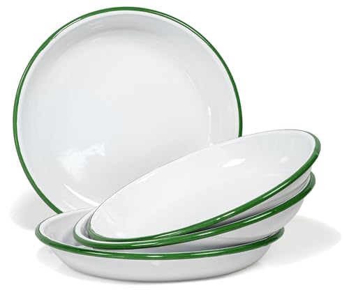 Red Co. Set of 4 Enamelware Metal 10 Round Camping Plates Solid White/Dark Green Rim