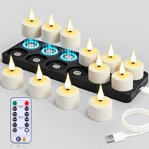 yunsheng Magnetische wiederaufladbare Teelichter mit Ladestation und Fernbedienung Timer 12Stk Batteriebetriebene Aufladbar Flammenlose LED Kerzen Flackern für Haus Kerzenhalter Dekoration