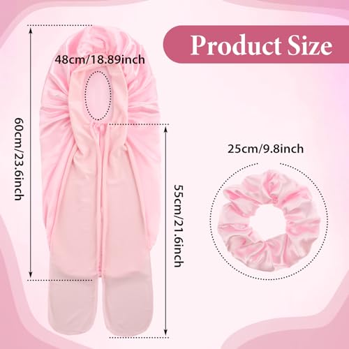 Abeillo Long Satin Bonnet for Women Large Silk Sleep Cap With Tie Band and Scrunchies for Long Curly Hair Braids (Pink) - Image 2