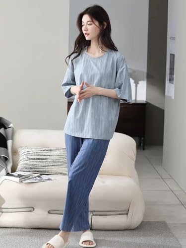Image of Celary Women's Korean Night Suit Set | Round Neck Full Sleeve Top & Printed Ankle Length Pyjama | Skin-Friendly Fabric Soft Breathable Stretchable Loungewear | M to 2XL