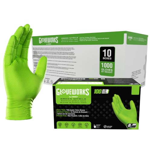 Image of GLOVEWORKS HD Green Nitrile Industrial Disposable Gloves, 8 Mil, Latex-Free, Raised Diamond Texture, XX-Large, Case of 1000
