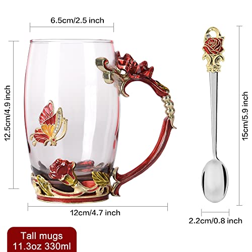 Glass Coffee Cup Tea Mug & Gifts With Spoon Set Handmade Enamel Butterfly Rose Flower For Mothers Day Gift, Women (2 Red Pack) #TOP1
