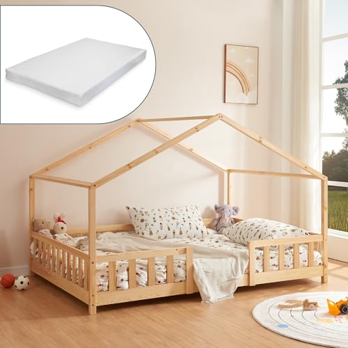 [en.casa] Kinderbett Treviolo mit Matratze 120 x 200 cm Hausbett Holzbett für Kinder mit Rausfallschutz Montessori Bettgestell mit Lattenrost Spielbett Kiefernholz Holz Natur