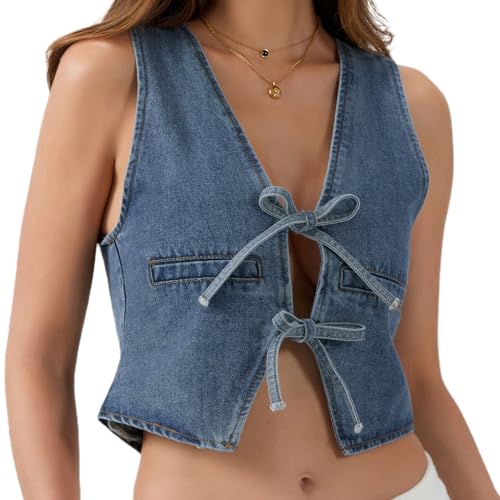 Women Sexy Denim Vest Deep V Neck Tie Up Front Sleeveless Jean Tank Top Low Cut Tight Fit Fashion Cropped Vest